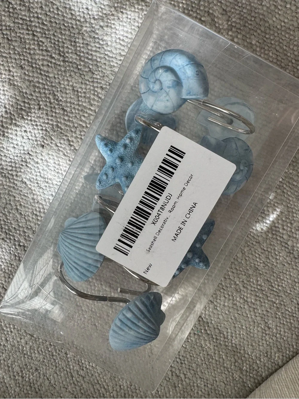 Set of 12 Light Blue Nautical Shower Curtain Hooks - Shell, Starfish, Conch